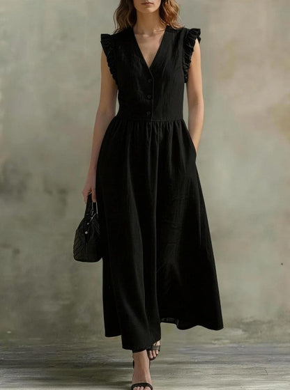 Robe évasee col v & manches bouffantes