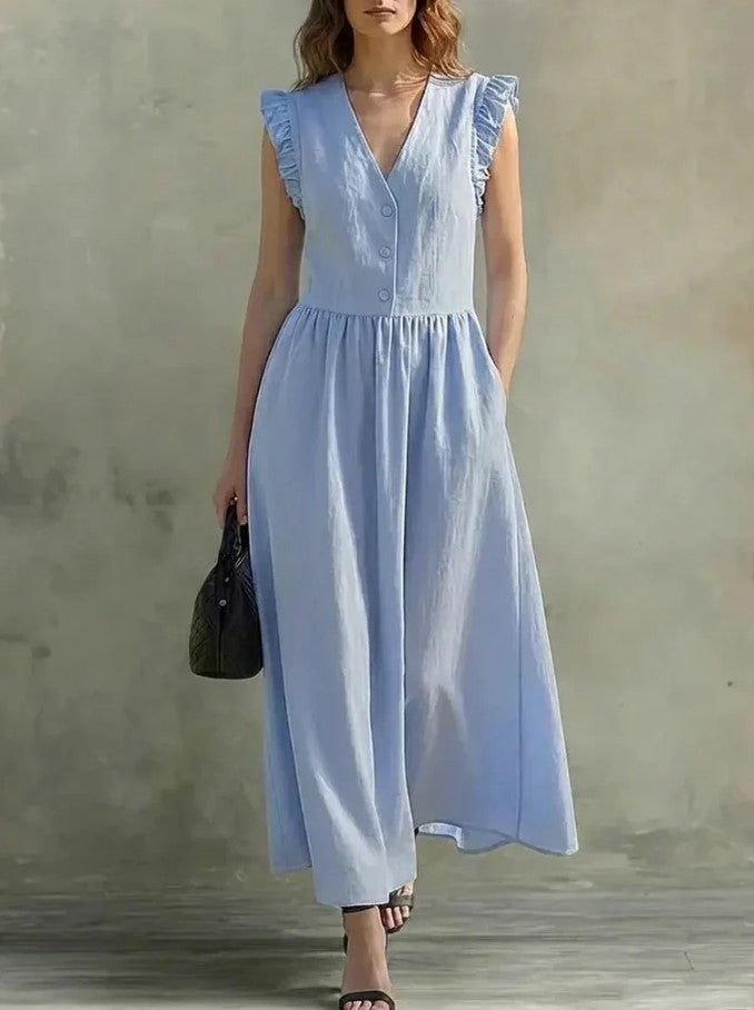 Robe évasee col v & manches bouffantes