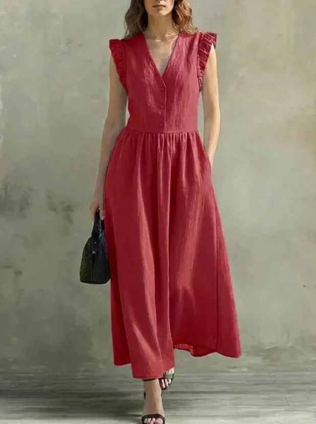 Robe évasee col v & manches bouffantes